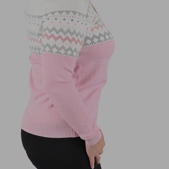 Tamsy Pink and Cream Knit Round Neck Sweater with Chevron Pattern  - Picture 3 of 4